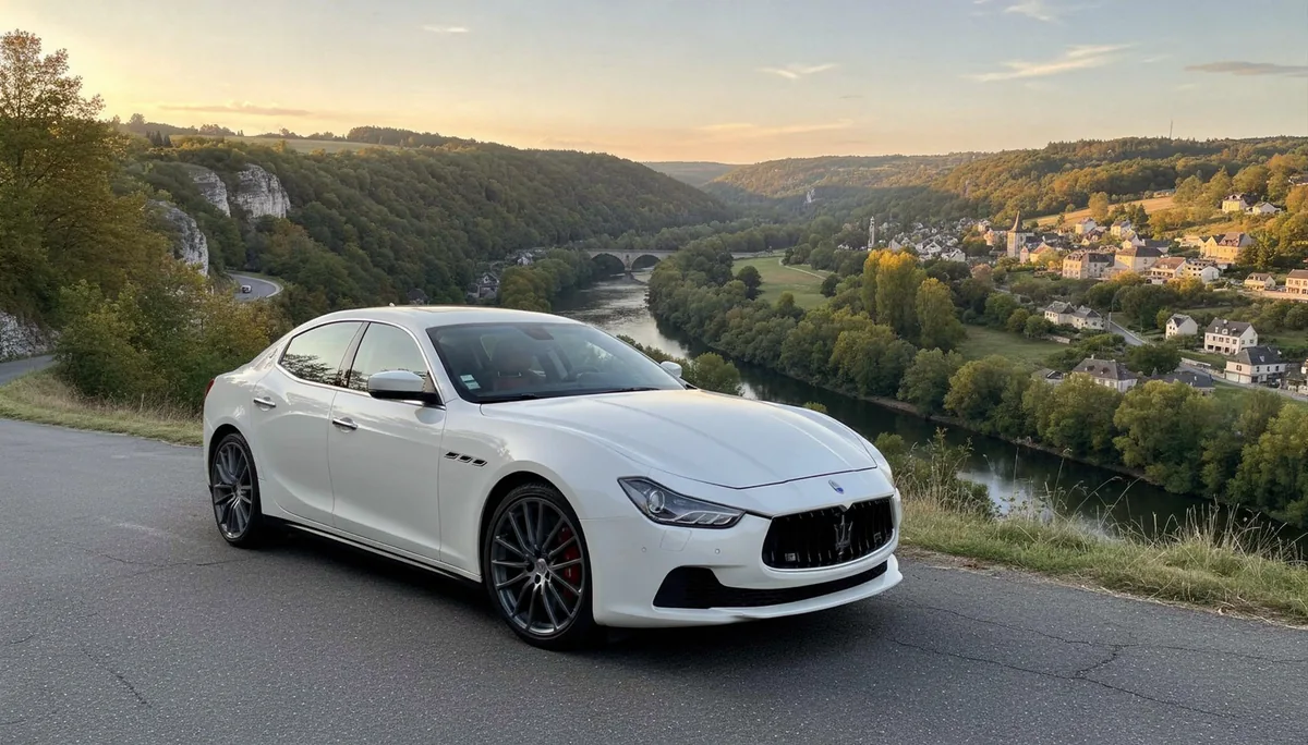 Maserati Ghibli blanche capot ouvert montrant le moteur V6
