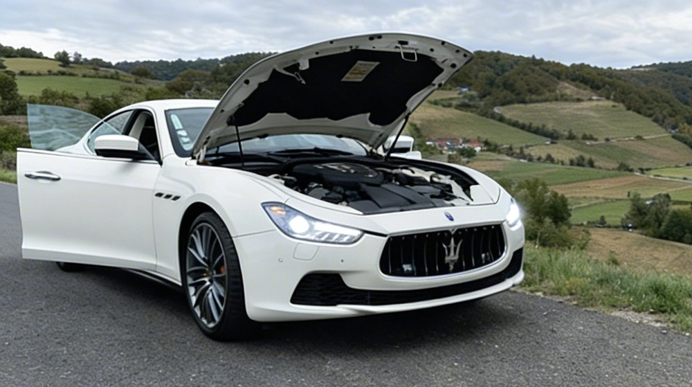 Maserati Ghibli blanche vue de profil sur route de campagne avec paysage verdoyant