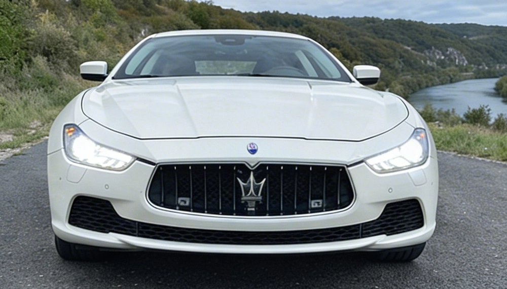 Maserati Ghibli blanche vue de face avec phares allumés
